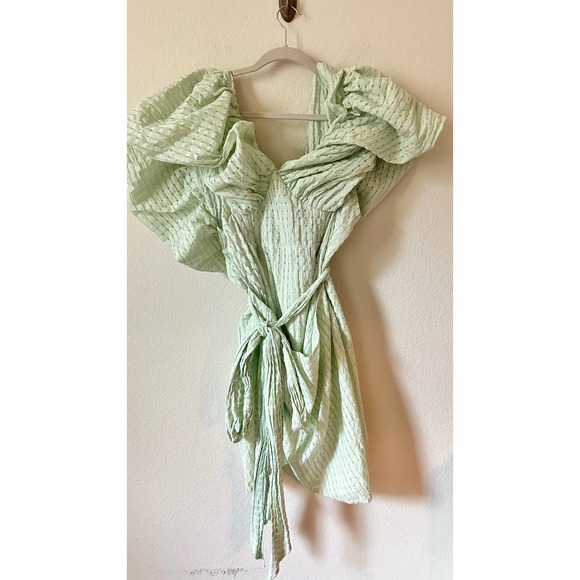 ASOS LUXE Curve Bubble Bardot Wrap Mini Dress in Green Gingham - Picture 9 of 10